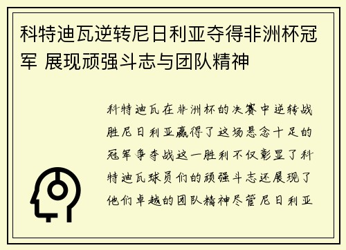 科特迪瓦逆转尼日利亚夺得非洲杯冠军 展现顽强斗志与团队精神